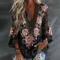Women's Floral Embroidered Art Print Flowy Linen Blend Casual Tops elevenforest