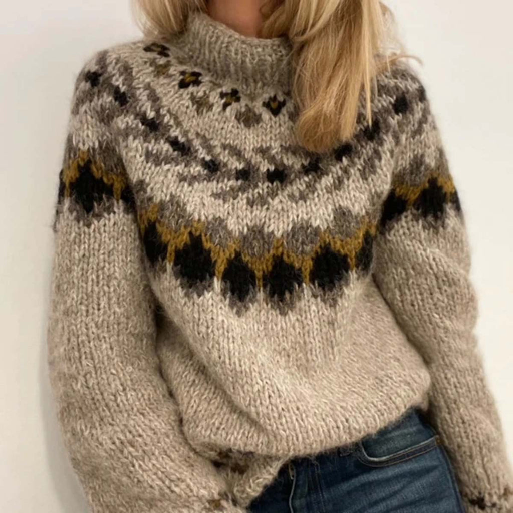 Vintage Geometric Contrast Jacquard Mid Neck Sweater elevenforest