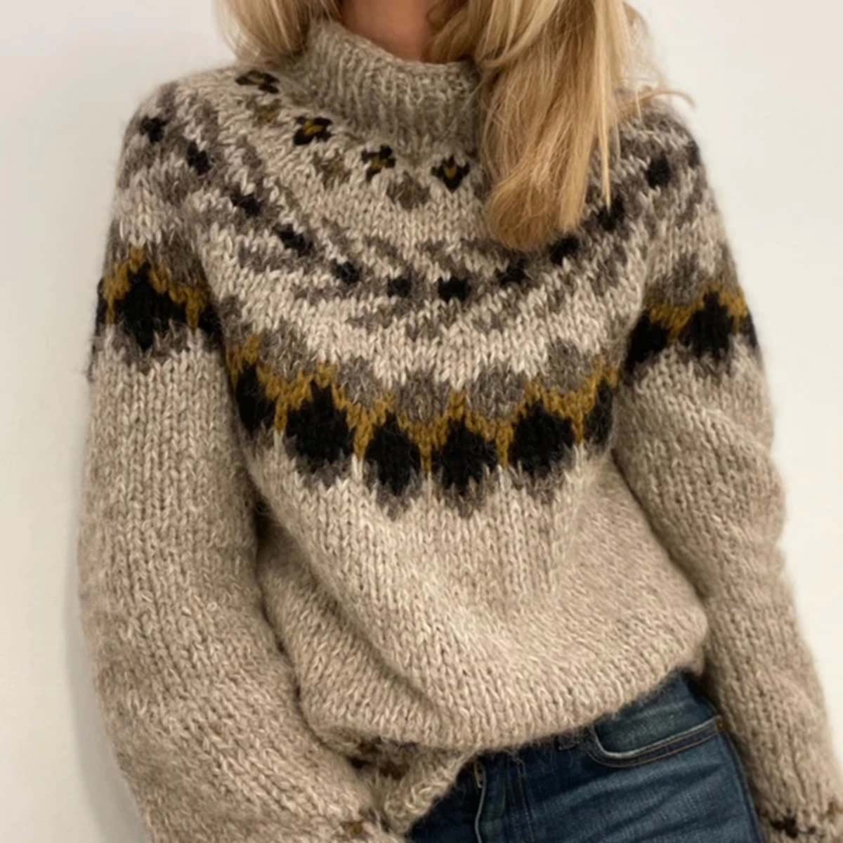 Vintage Geometric Contrast Jacquard Mid Neck Sweater elevenforest