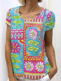 Women's Vintage Floral Art Linen Crew Neck T-shirt elevenforest