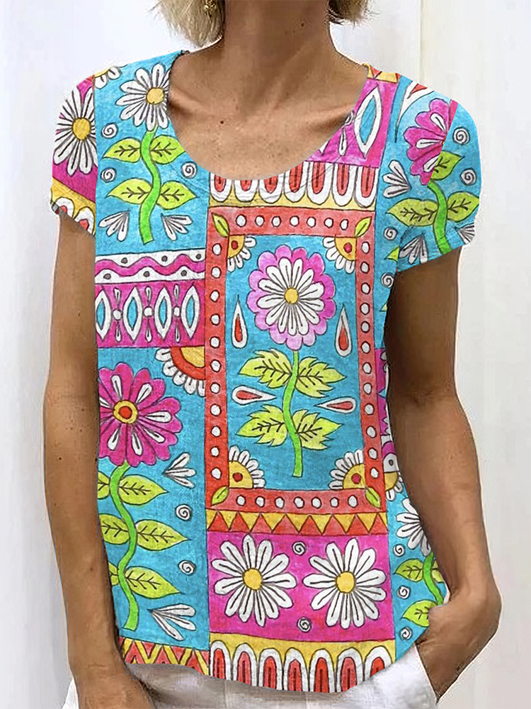 Women's Vintage Floral Art Linen Crew Neck T-shirt elevenforest