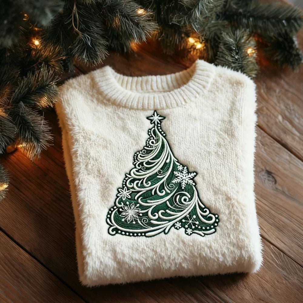 Merry Christmas Magic Christmas Tree Embroidered Round Neck Sweater artswardrobe