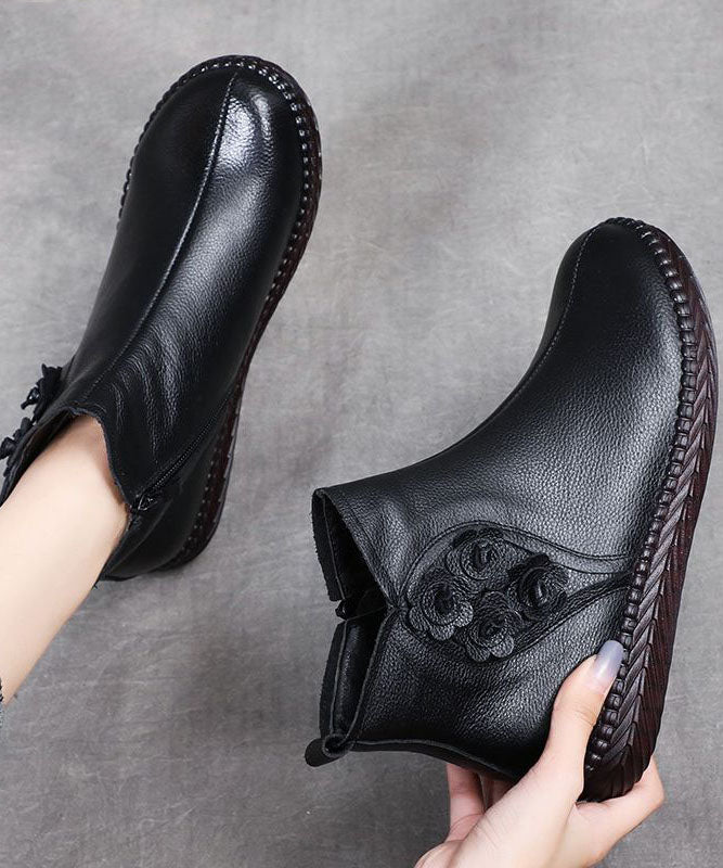 Brown Cowhide Leather Warm Fleece Boots Zippered Ankle Boots