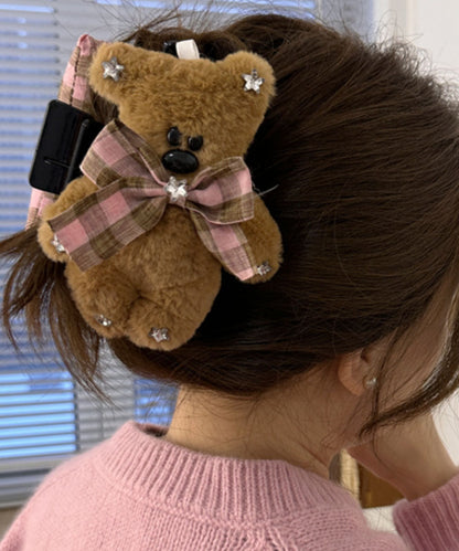 Pink Coffee Plaid Little Bear Zircon Bow Shark Hairpin