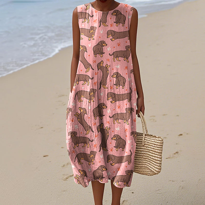 Women's Cute Dachshund And Bow Art Sleeveless Dress elevenforest
