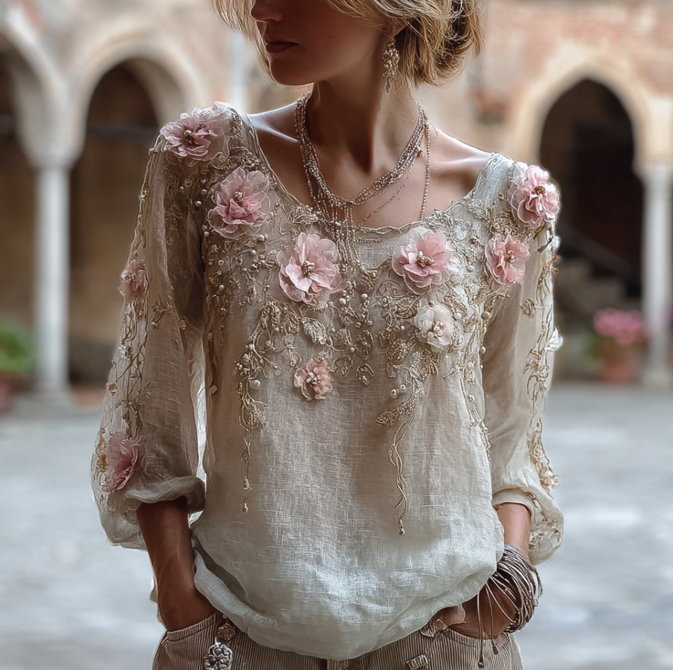Bohemian Style Round Neck Short Sleeve Three-dimensional Flower Design Women's Thin Top elevenforest
