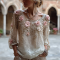 Bohemian Style Round Neck Short Sleeve Three-dimensional Flower Design Women's Thin Top elevenforest