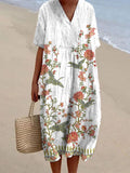 Ethnic Floral Pattern Women's Linen Maxi Dress elevenforest