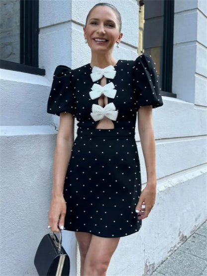 Tossy Bow Love Mini Dress Hollow Out Patchwork Short Sleeve Party Dress Female High Street Dress