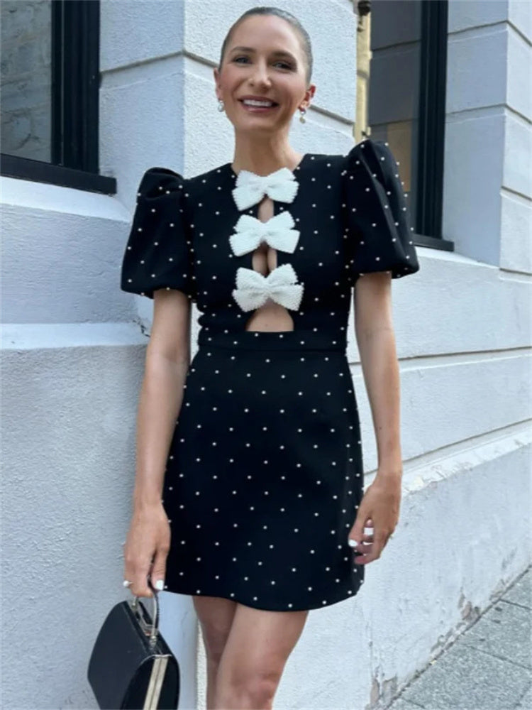 Tossy Bow Love Mini Dress Hollow Out Patchwork Short Sleeve Party Dress Female High Street Dress