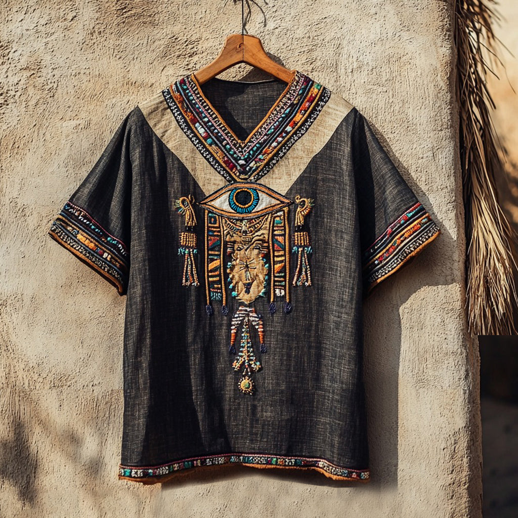 Ancient Egyptian Eye Of Horus Inspired V Neck Linen T Shirt elevenforest