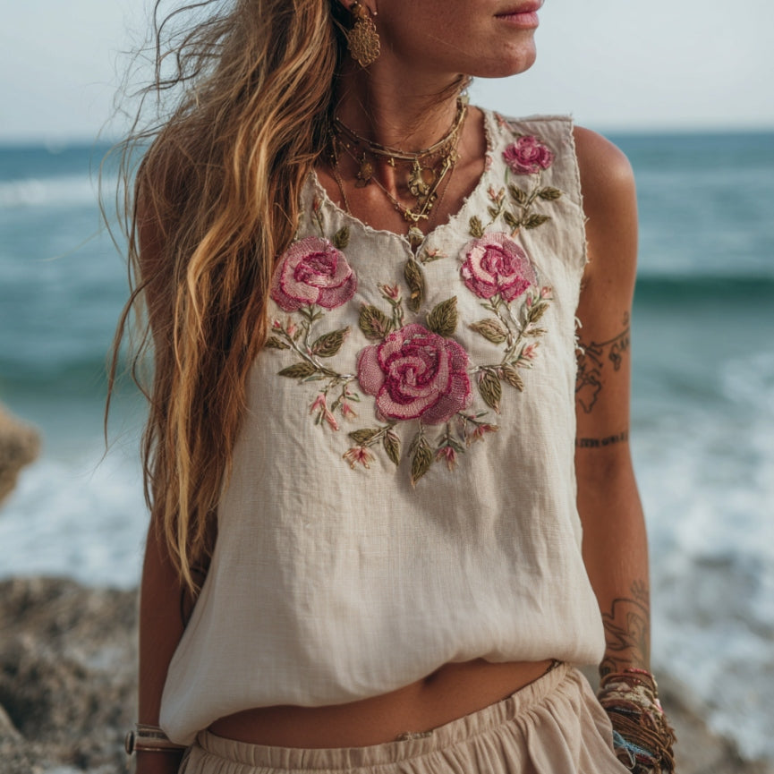 Women's Vintage Floral Embroidery Art Linen Comfy Sleeveless Top elevenforest