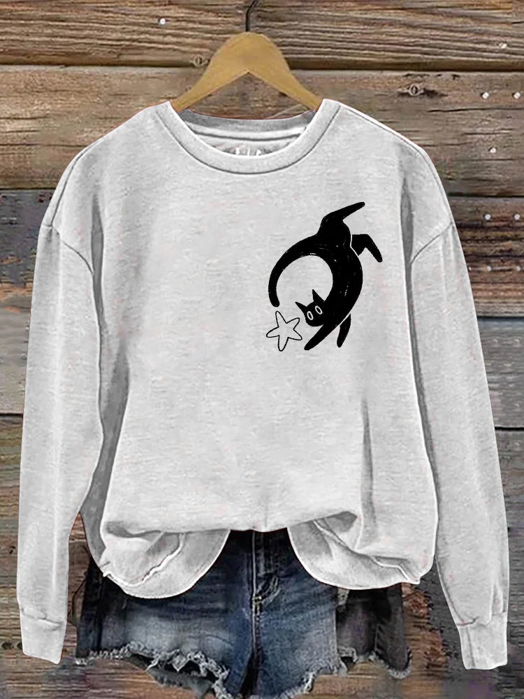 Comstylish Cat Chasing Stars Pattern Women's Casual Sweatshirt
