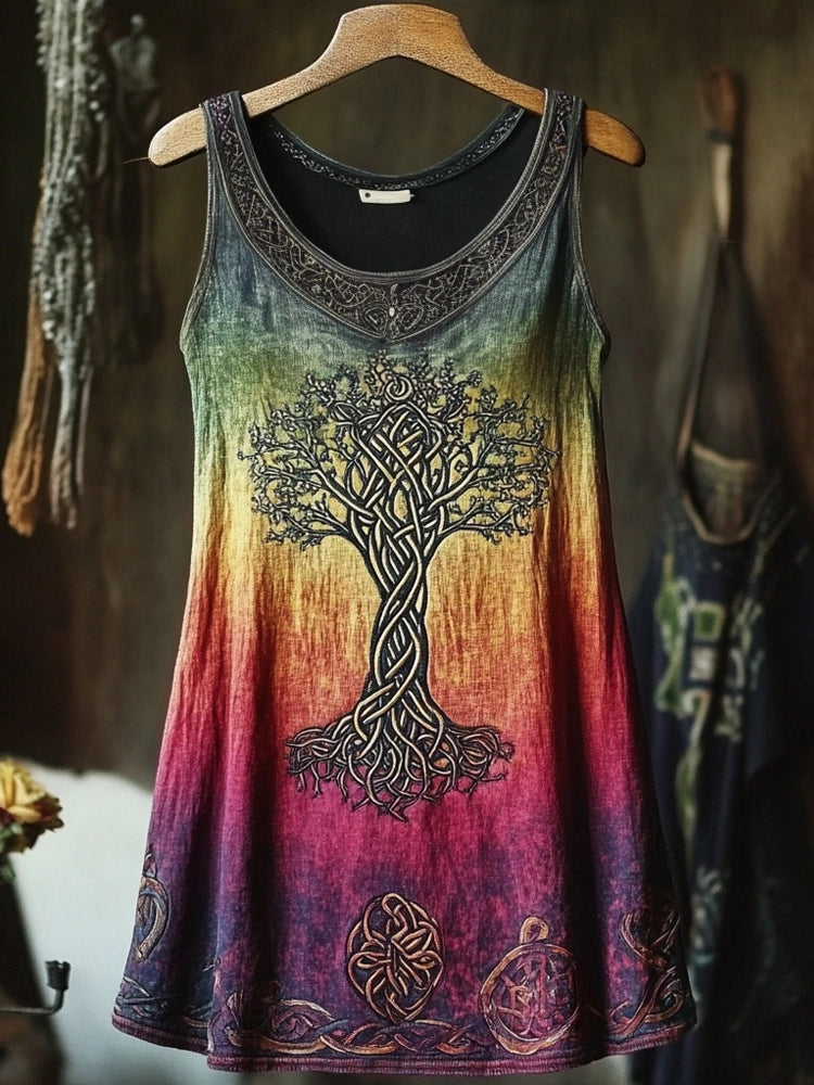 Vintage Viking Tree Of Life Embroidered Linen Tank Top elevenforest