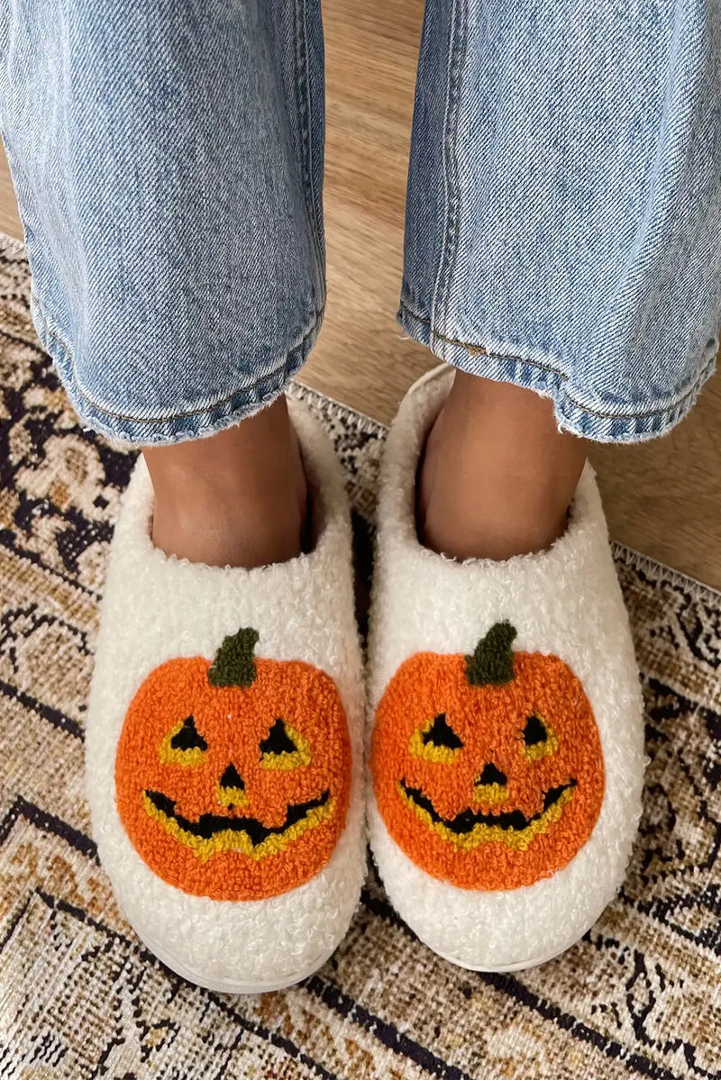 Spooky Pumpkin Print Plush Slippers