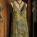 Vintage Floral Pop Art Cat Blended Women's Dress elevenforest