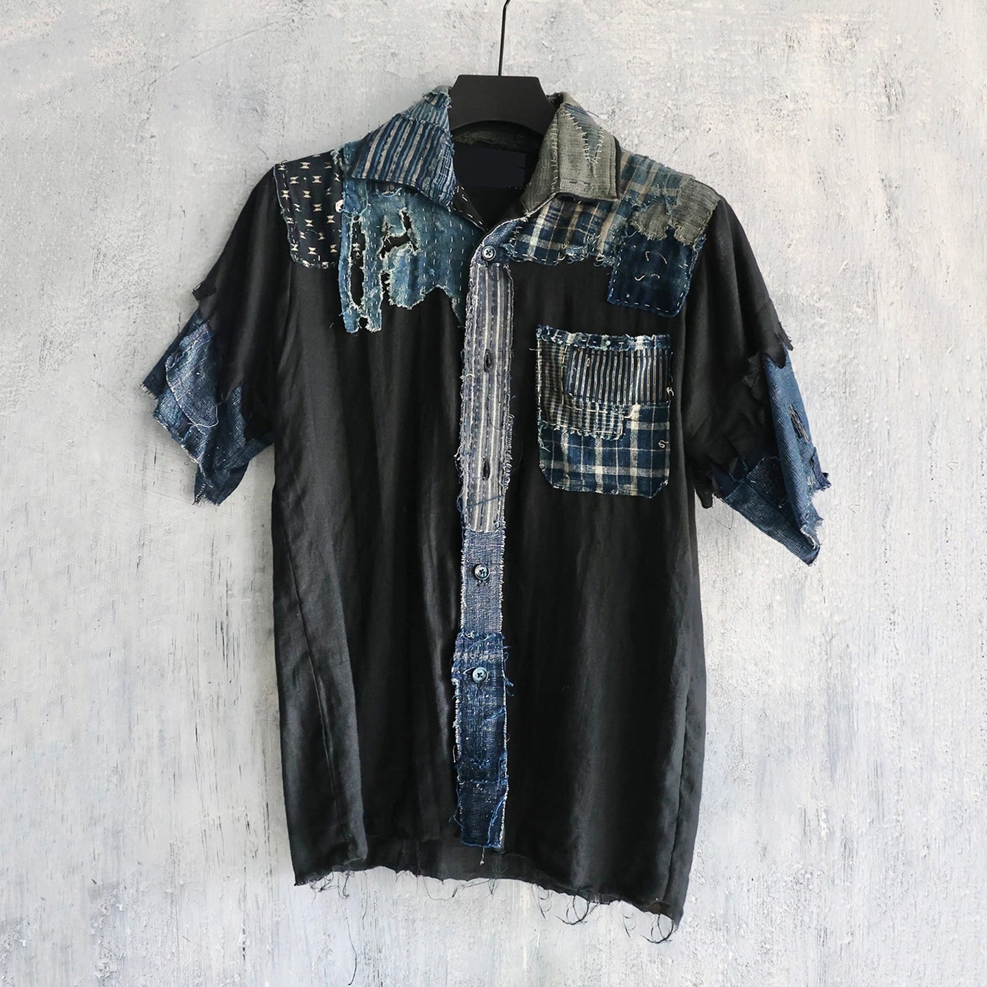 Retro Japanese Sashiko Patchwork Art Short-sleeved Shirt elevenforest