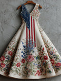 Independence Day Salute Flag Flower V-neck Sleeveless Long Dress elevenforest