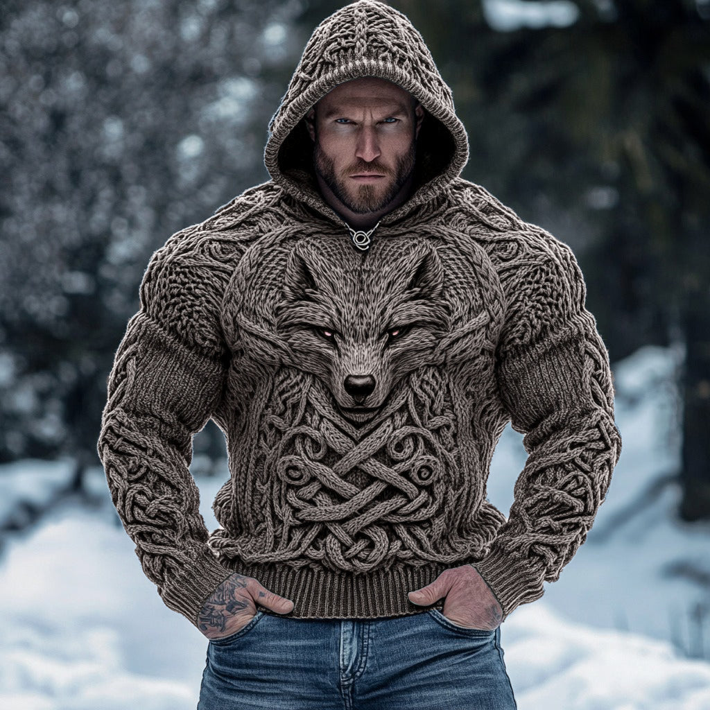 Retro Wolf Inspired Viking Celtic Jacquard Chunky Hooded Sweater elevenforest