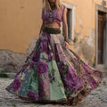Boho Vintage Purple Roses Patchwork Flowy Wide Skirt elevenforest
