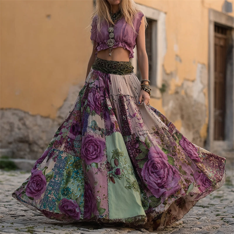 Boho Vintage Purple Roses Patchwork Flowy Wide Skirt elevenforest