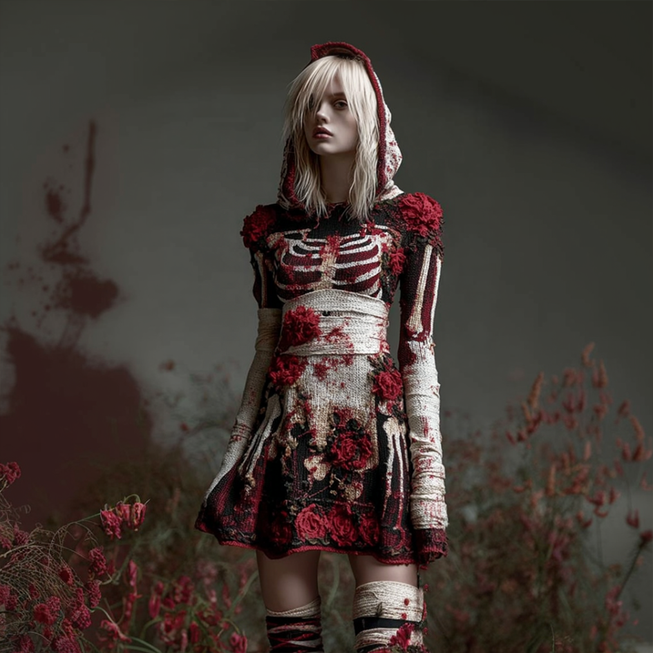 Halloween Blood Rose Women's Knit Hooded Sweater Dress artswardrobe