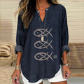 Comstylish Retro Japanese Art Fish Print Long Sleeve Blouse