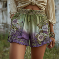 Classy Gradient Purple Lavender And Floral Embroidered Linen Shorts elevenforest