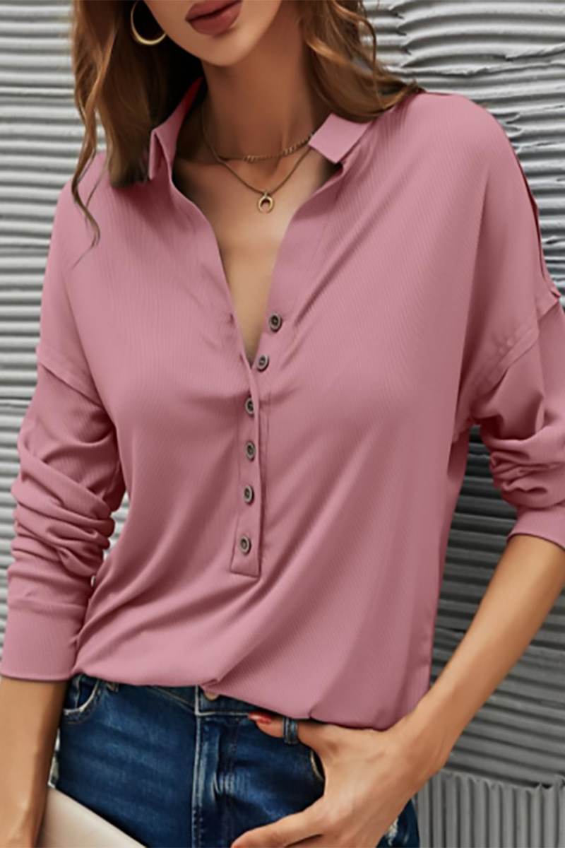 Buttons Color Turndown Collar T-shirts