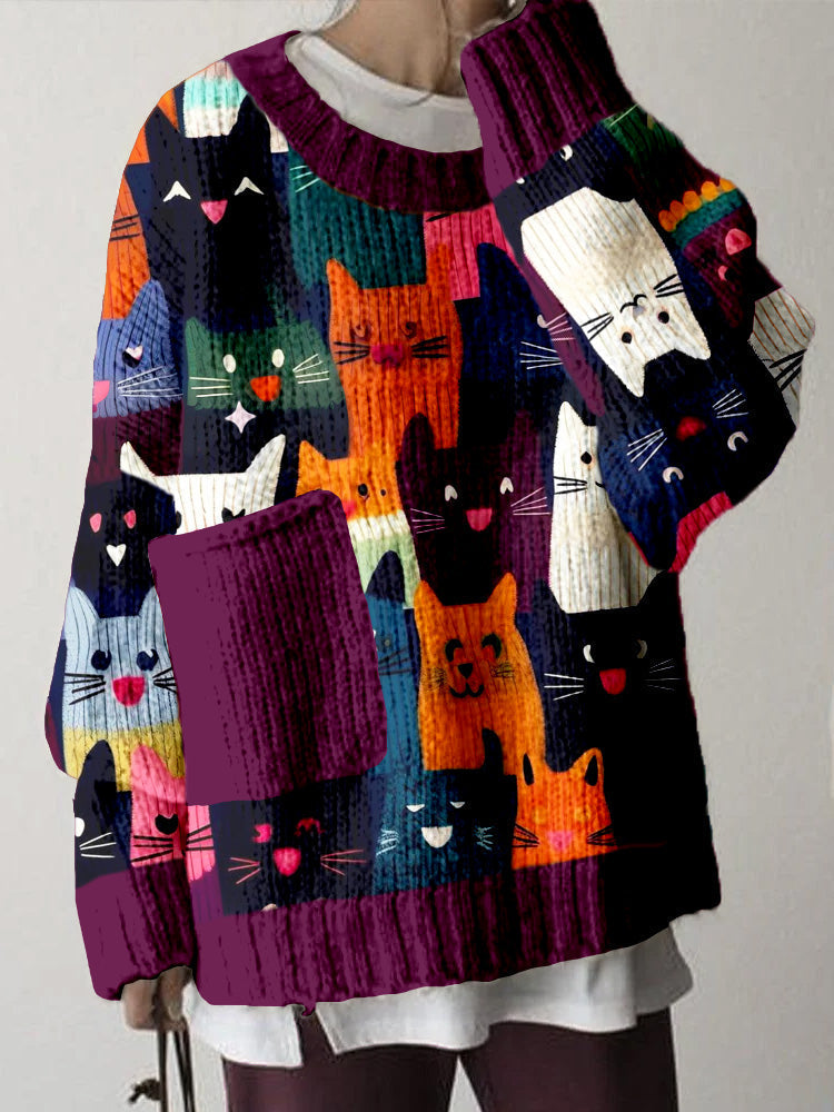 Comstylish Cute Cats Graphic Big Pocket Cozy Sweater