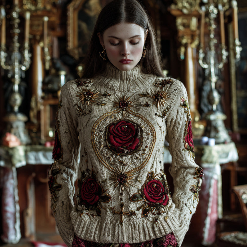 Women's Halloween Red Rose High Collar Sweater elevenforest