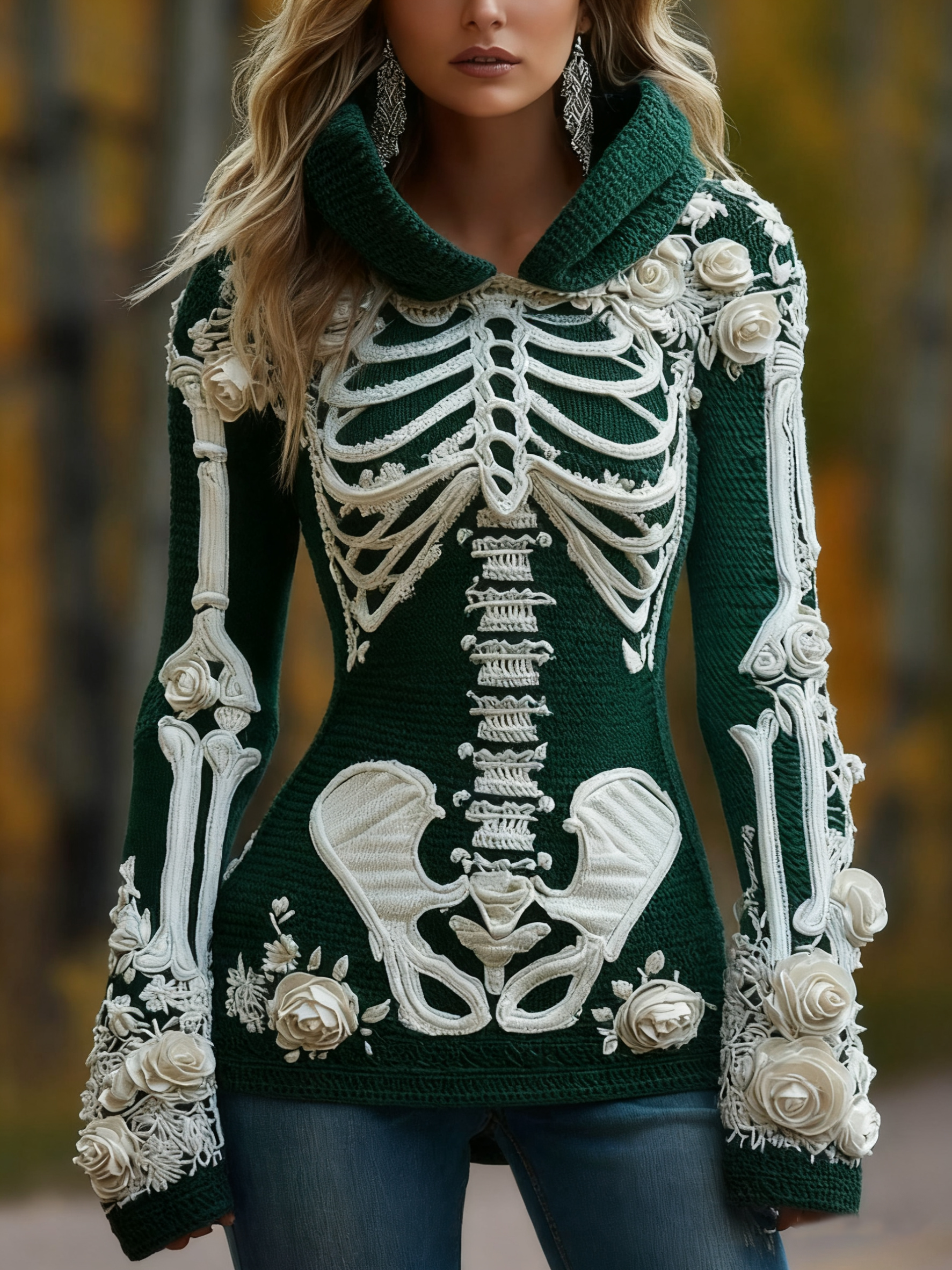 Women's Halloween Skeleton Bones With Roses Art Knitted Warm Hooded Sweater artswardrobe