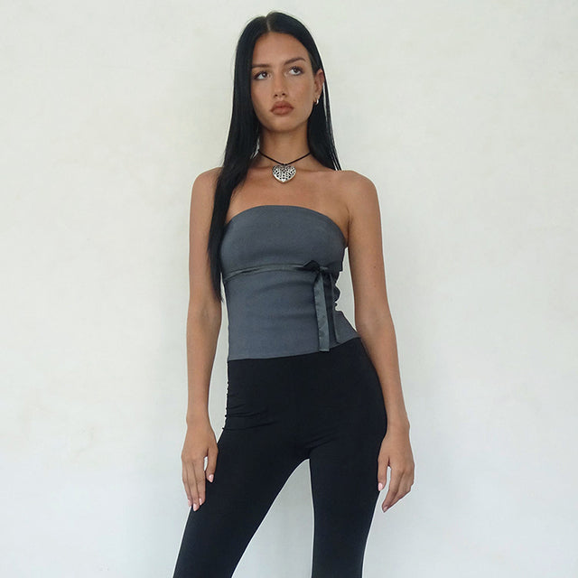 Harajuku Strapless Tank Tops Bowtie Patchwork Skinny Crop Tops Camisole Tee Shirt