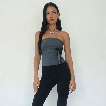 Harajuku Strapless Tank Tops Bowtie Patchwork Skinny Crop Tops Camisole Tee Shirt