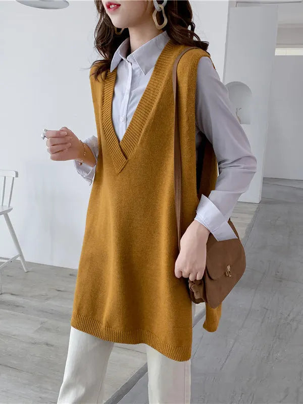 Sleeveless Split-side Color V-neck Knitted Vest