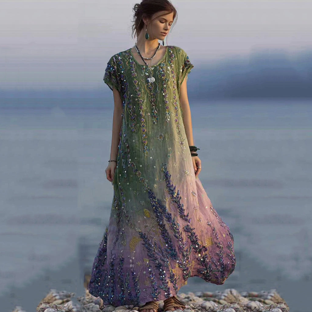 Lavender Embroidered Sequin Gradient Flowing Linen Maxi Dress elevenforest