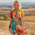 Women's Vintage Oil Painting Floral Art Color Block Linen V-neck Dress elevenforest