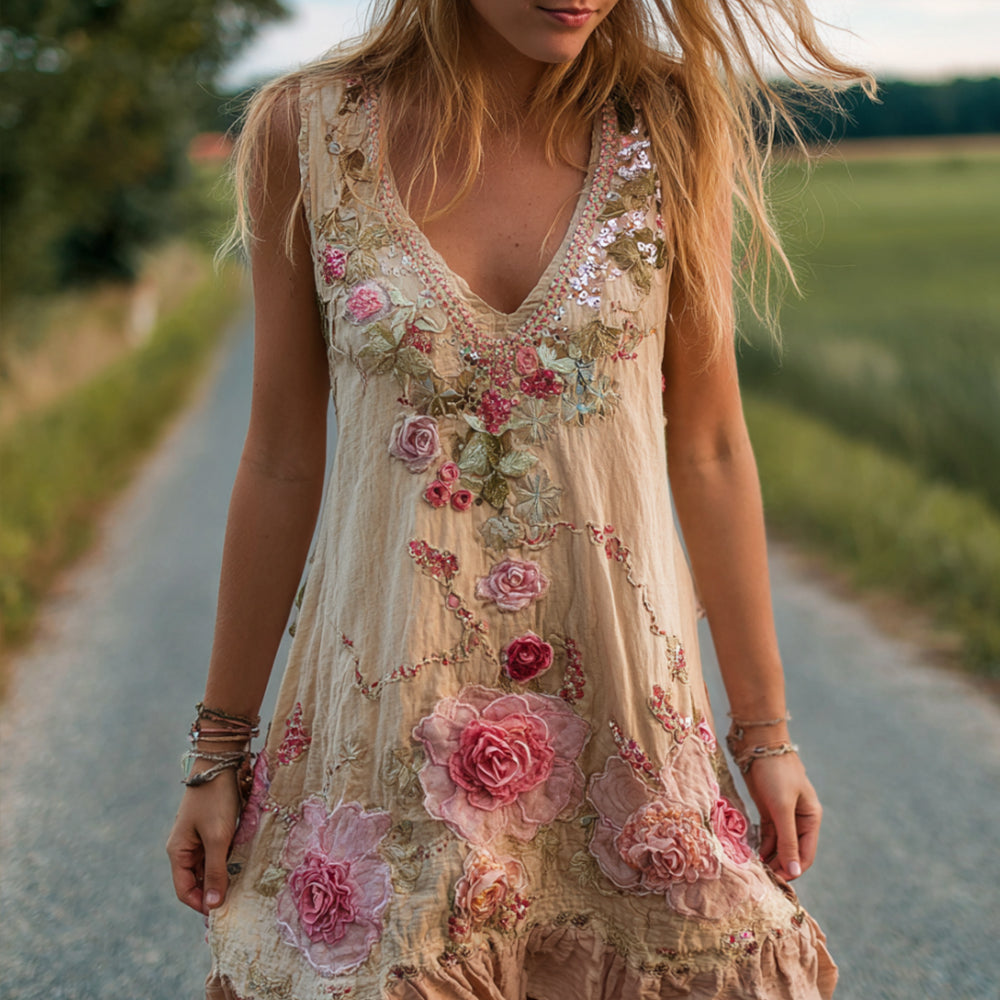 Women's Flower Embroidery Linen Sleeveless Short Skirt elevenforest