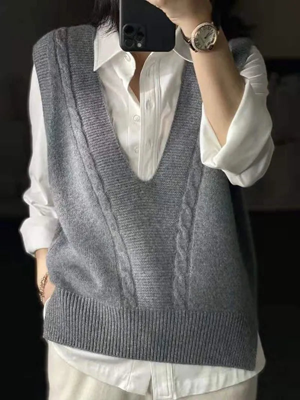 Loose Knitting Sleeveless Color V-neck Vest Top