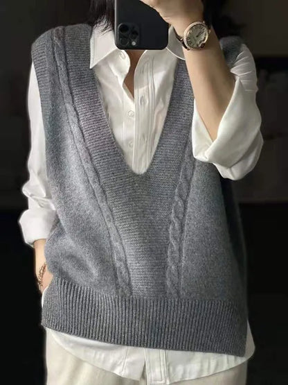 Loose Knitting Sleeveless Color V-neck Vest Top