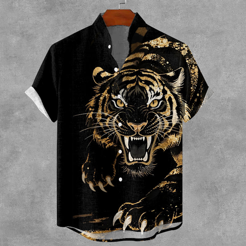 Men's Vintage Tiger Japanese Art Color Block Print Casual Shirt elevenforest