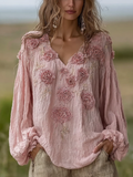 Bohemian Retro Countryside Style Plant Flower Design Cotton And Linen Women's Long-sleeve Shirt elevenforest