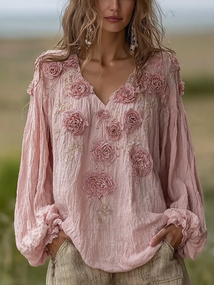 Bohemian Retro Countryside Style Plant Flower Design Cotton And Linen Women's Long-sleeve Shirt elevenforest