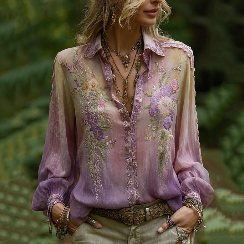 Vintage Purple Lavender And Floral Embroidered Button Linen Shirt elevenforest
