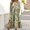 Comstylish Japanese Floral And Bird Art Print Round Neck Loose Midi Dress