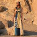Dragonfly Floral Patchwork Art Women's Linen Round Neck Vest Maxi Dress elevenforest