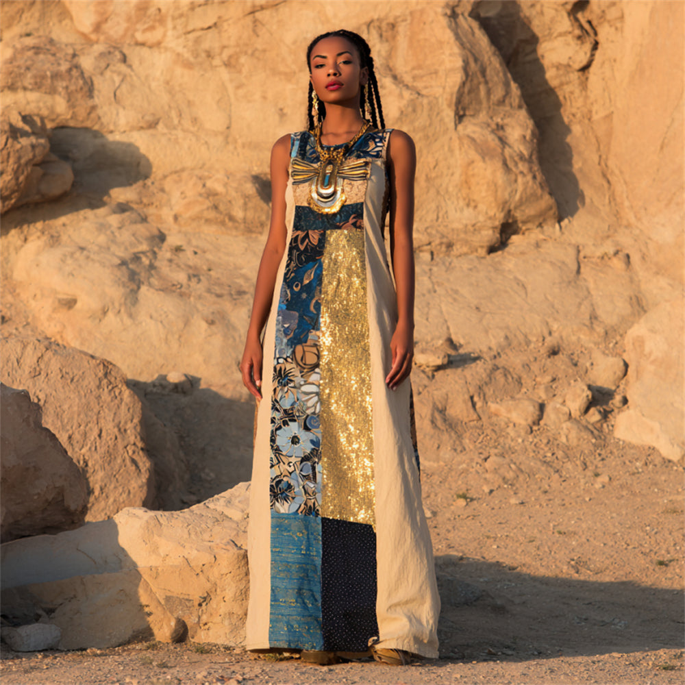 Dragonfly Floral Patchwork Art Women's Linen Round Neck Vest Maxi Dress elevenforest