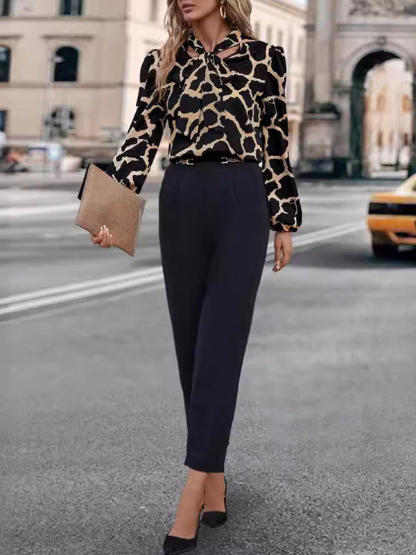 Loose Puff Sleeves Printed Split-joint Streamer V-neck Blouses