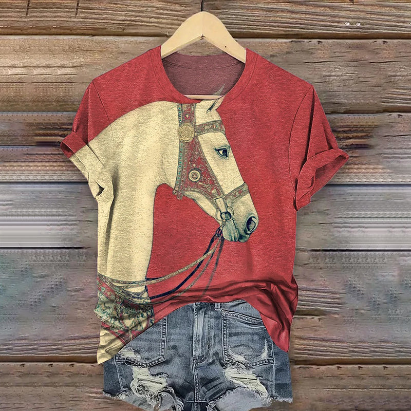Comstylish Women's Retro Tribal Horse Art Pattern Casual T-shirt