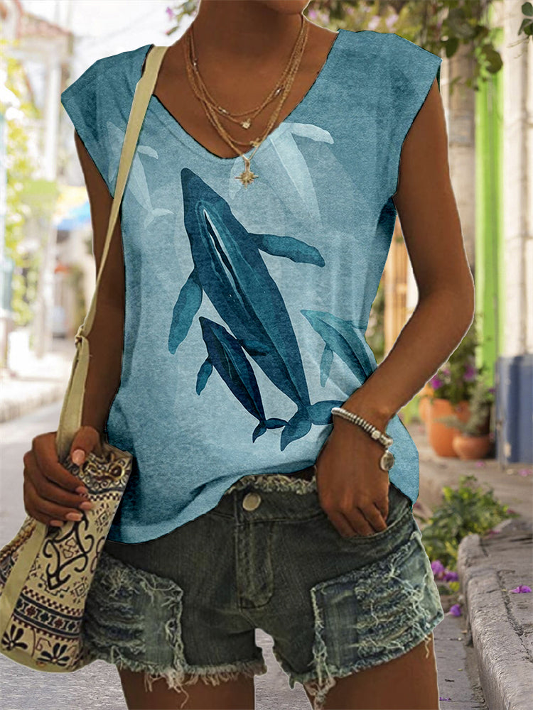 Ocean Whales Art Pattern V Neck Comfy Tank Top elevenforest